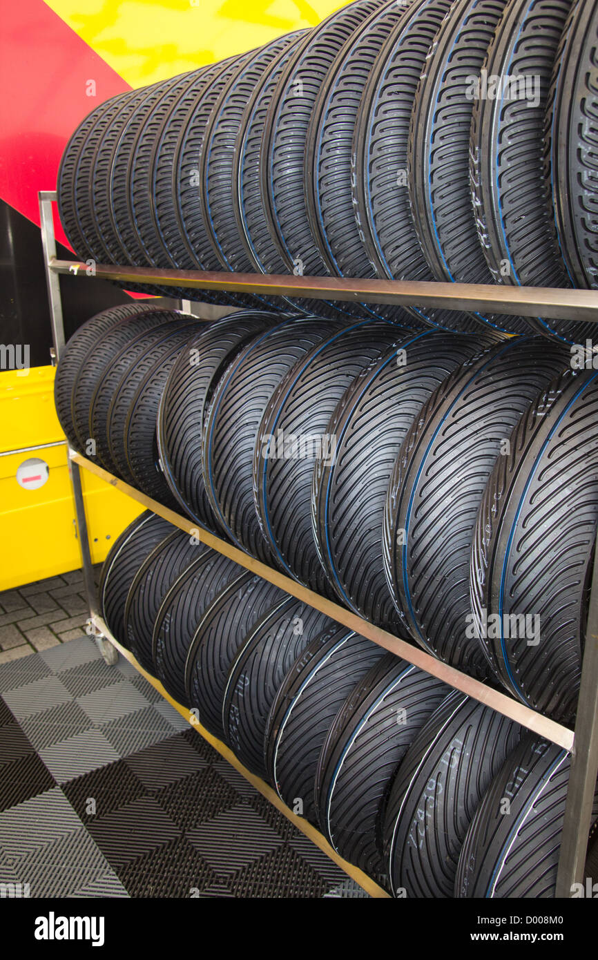 Rack with motorcycle tires Stock Photo