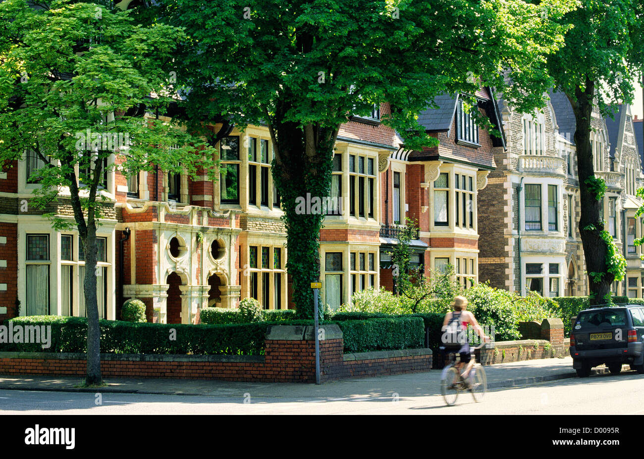 Victorian town houses in Cathedral Road. Upmarket residential are of west Cardiff, Wales. Stock Photo