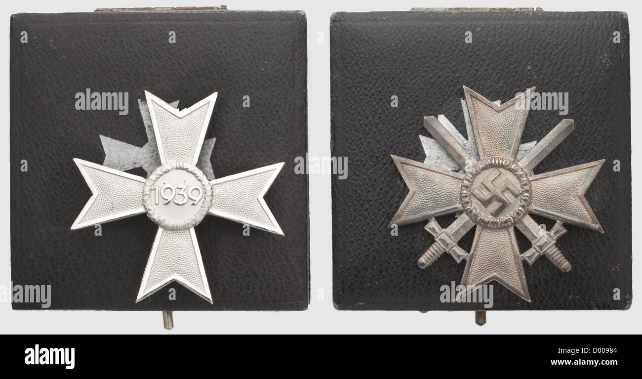 Karl-Friedrich Merten - A War Merit Cross 1st Class with Swords,Non-ferrous metal issue,silvered(tarnished),the attachment pin punched '1'.In a silver-imprinted award presentation case,the bottom with a typewritten label reading 'Original KVK-1.Kl vom Febr.45 - Seite 7-Nr.18b'.Included is a War Merit Cross 1st Class without Swords with outstandingly preserved silvering in a silver-imprinted award presentation case.Included is a photocopy of the 'Seite 7'(Page 7)mentioned on the label,of a typewritten list prepared by Merten in 1982 of his awards an,Additional-Rights-Clearences-Not Available Stock Photo