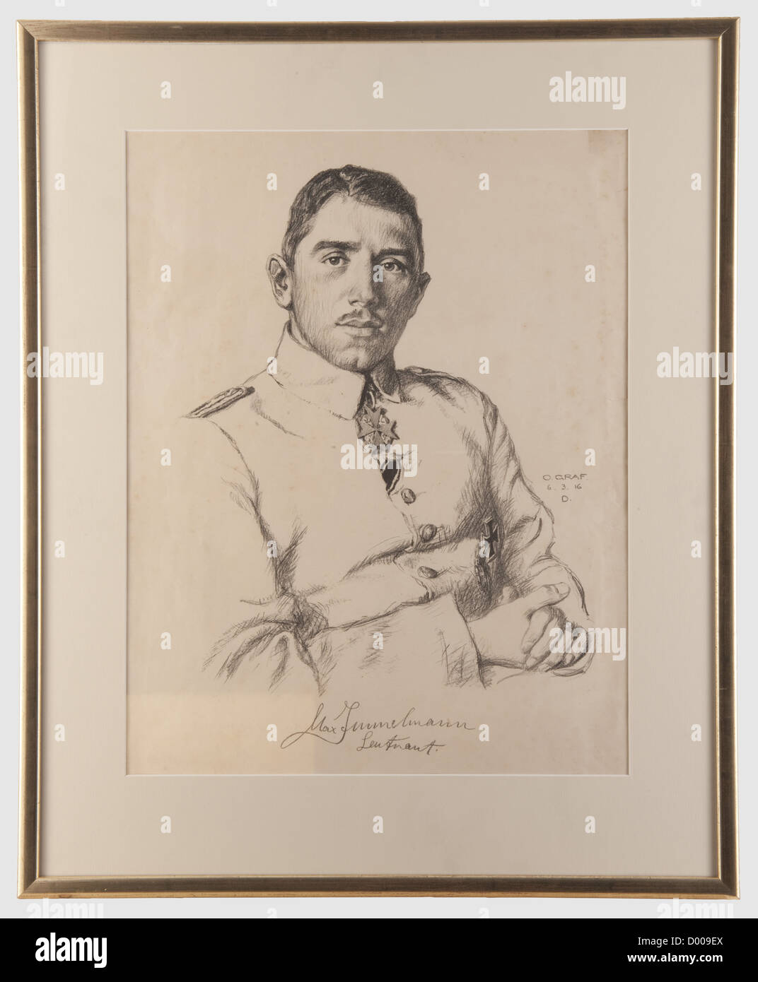 Oberleutnant Max Immelmann - a portrait drawing by Oscar Graf, . Charcoal on paper. Expressive half-length portrait of the 'Eagle of Lille' in uniform with Pour le mérite around his neck and Iron Cross on his chest. Signed and dated 'O. Graf 6.3.16' on the right, the lower edge hand-signed by Immelmann 'Max Immelmann Leutnant', the reverse with a hand-written dedication in pencil reading 'Zur Erinnerung! M. Immelmann Leutnant.' The frame of later date, mounted and under glass. 61 x 50 cm. Professor Oskar Graf (1873 - 1957) member of the Secession in 1896, studi, Stock Photo