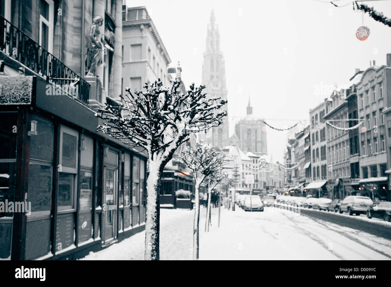 Antwerp at winter snowstorm. Horizontal toned and grained image Stock Photo Alamy