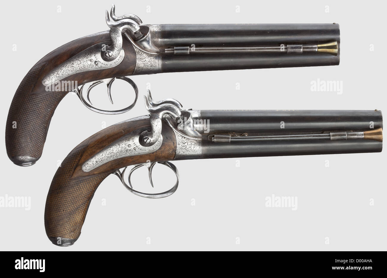 A pair of French over-and-under percussion pistols,Baucheron in Paris ...