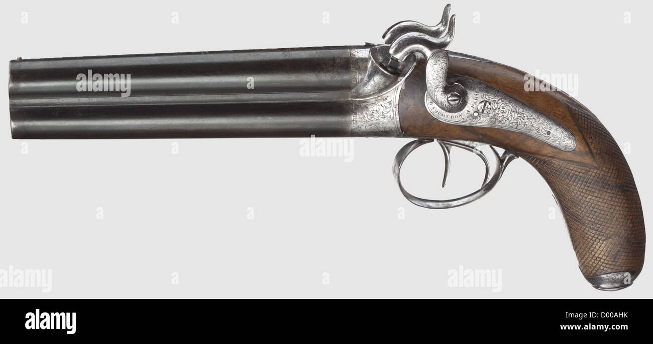 A pair of French over-and-under percussion pistols,Baucheron in Paris ...