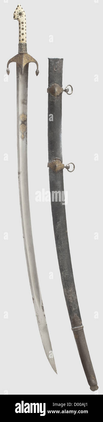 A Caucasian silver-mounted nielloed shashqa,late 19th century. Single-edged blade(somewhat stained)with triple fullers on both sides and with Arabic inscriptions etched on the obverse side at the forte. Silver grip decorated with engraving and niello and set with four decorative rivets(one of them a replacement). Leather-covered wooden scabbard stitched with silver wire and with silver mountings on both sides bearing engraved and niello decoration(small crack at the end of the chape). Length 90 cm,historic,historical,19th century,Persian Empire,object,Additional-Rights-Clearences-Not Available Stock Photo