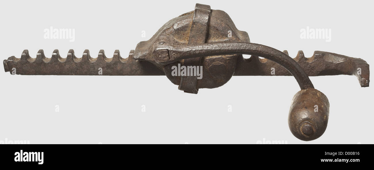 A Mongolian Period of the Golden Horde,14th century,. Made of four embossed,overlapping iron segments riveted together. Obvious damage,especially on the lower rim and at a place in the middle of the skull. Otherwise the metal is quite well preserved. Height 17 cm. Weight 748 g. Conserved condition as discovered. Cf. two Mongolian helmets of identical provenance: Hermann Historica,auction 49,19 October 2005,lots 202 and 203,historic,historical,14th century,crossbow,crossbows,distance weapon,weapons,object,objects,clipping,cut out,cut-out,cut-o,Additional-Rights-Clearences-Not Available Stock Photo