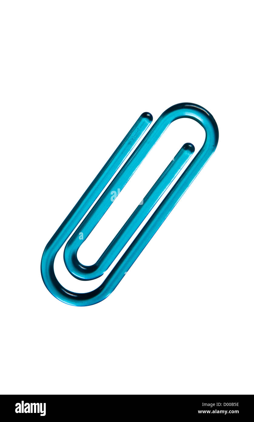 Blue paper clip against white background Stock Photo