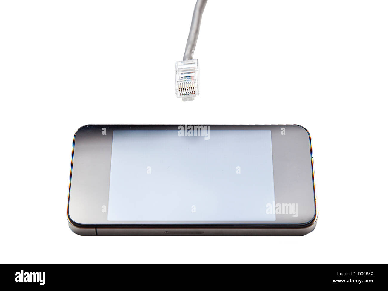 Smart phone with data cable plug against white background Stock Photo ...