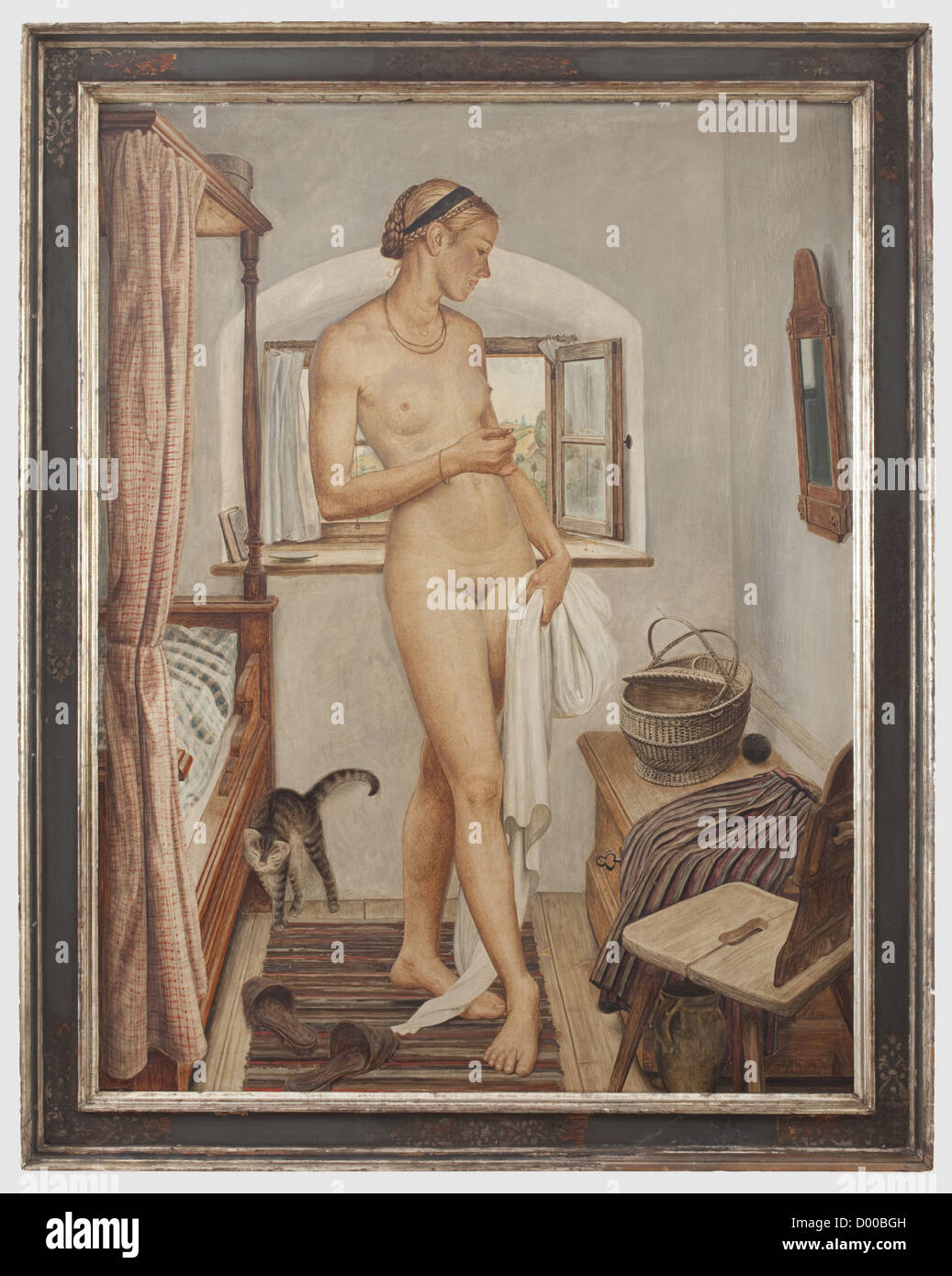 Oskar Martin-Amorbach(1897 - 1987)- 'Bauerngrazie'(Peasant Beauty),Tempera on wood,signed on the lower right 'Oskar Martin-Amorbach'. In original,partially silvered wood frame(slightly chipped),the back with the exhibition label 'Große Deutsche Kunstausstellung 1940 im Haus der Deutschen Kunst zu München'. Picture dimensions 155 x 118 cm,framed dimensions 177.5 x 140 cm. Oskar Martin-Amorbach,noted German painter. Studied at the Royal School of Arts and Crafts in Munich. Pupil of Carl Johann Becker-Gundahl and Franz von Stuck. After completing his stu,Additional-Rights-Clearences-Not Available Stock Photo