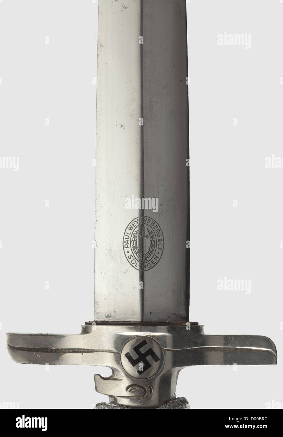 A model 1939 dagger for a leader of the Postal Protection with suspension and portepee,Maker Paul Weyersberg & Co. Solingen The blade bears the maker's logo. The crossguard with the 'DRP' stamp and struck with the number '320'. Black wooden grip with a superimposed emblem. Black lacquered iron scabbard with nickel-plated mountings,complete with the suspension chain. Silver portepee with an orange-coloured interweave. Length 38 cm,historic,historical,1930s,20th century,Reichsbahn,utilities,accessory,accessories,utensil,piece of equipment,utensils,o,Additional-Rights-Clearences-Not Available Stock Photo