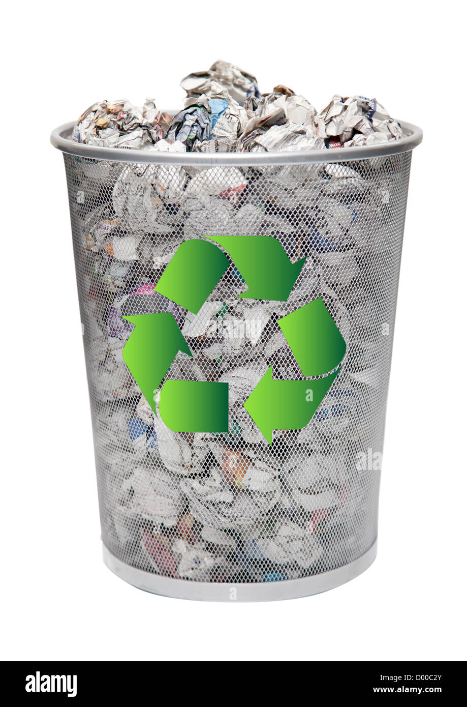 Recycling bin full of crumpled papers over white background Stock Photo