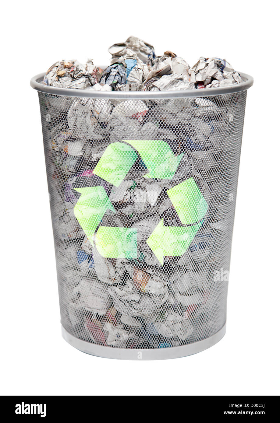 Recycling bin full of crumpled papers over white background Stock Photo