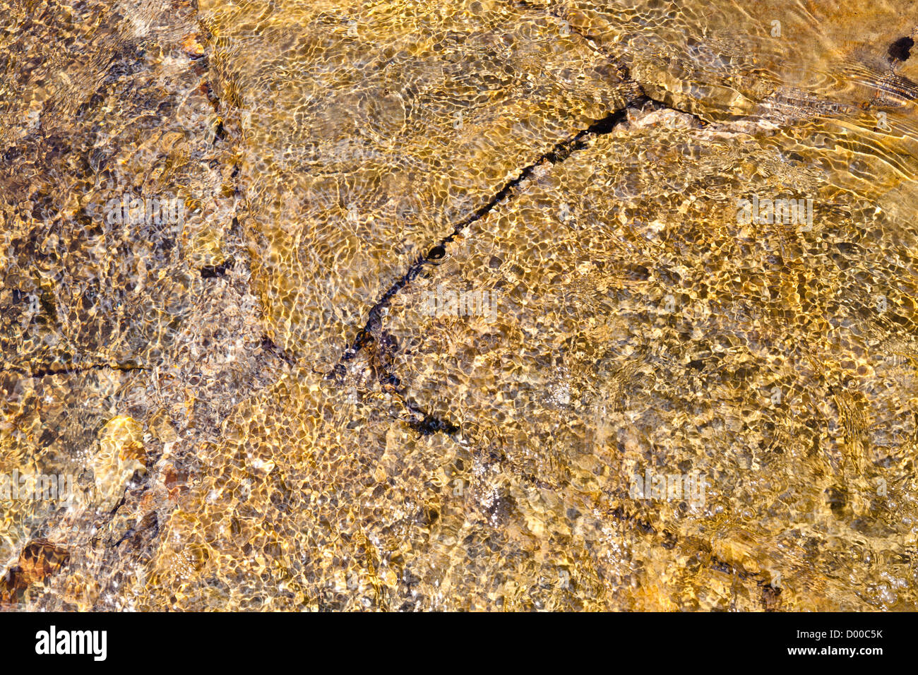Sunlight on rippling waters forming patterns and distortion through refraction in stream water flowing over stone, England, UK Stock Photo