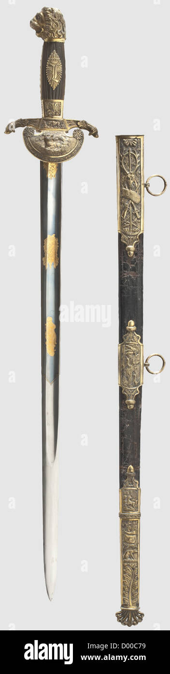 A court hunting hanger,reign of Ludwig I(1825 - 1848). Straight,single-edged blade,etched,blued and gilt for half its length on both sides. The contoured brass hilt also gold-plated with shell guard and lion's head pommel. Horn grip scales with a superimposed cipher,crown /'L'. Leather scabbard with brass fittings in relief,and the maker's inscription,'Kitzer,Nürnberg' on the reverse of the locket. The blade possibly an old replacement. Scabbard leather somewhat brittle,gilding rubbed. Length 82 cm,historic,historical,19th century,Bavaria,Bavaria,Additional-Rights-Clearences-Not Available Stock Photo