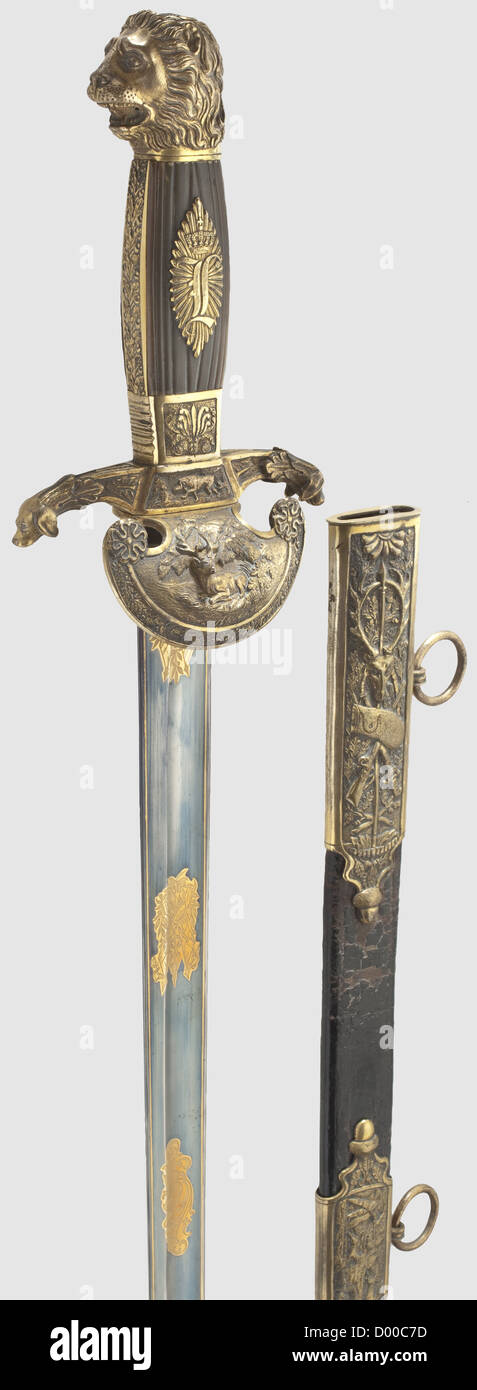 A court hunting hanger,reign of Ludwig I(1825 - 1848). Straight,single-edged blade,etched,blued and gilt for half its length on both sides. The contoured brass hilt also gold-plated with shell guard and lion's head pommel. Horn grip scales with a superimposed cipher,crown /'L'. Leather scabbard with brass fittings in relief,and the maker's inscription,'Kitzer,Nürnberg' on the reverse of the locket. The blade possibly an old replacement. Scabbard leather somewhat brittle,gilding rubbed. Length 82 cm,historic,historical,19th century,Bavaria,Bavaria,Additional-Rights-Clearences-Not Available Stock Photo