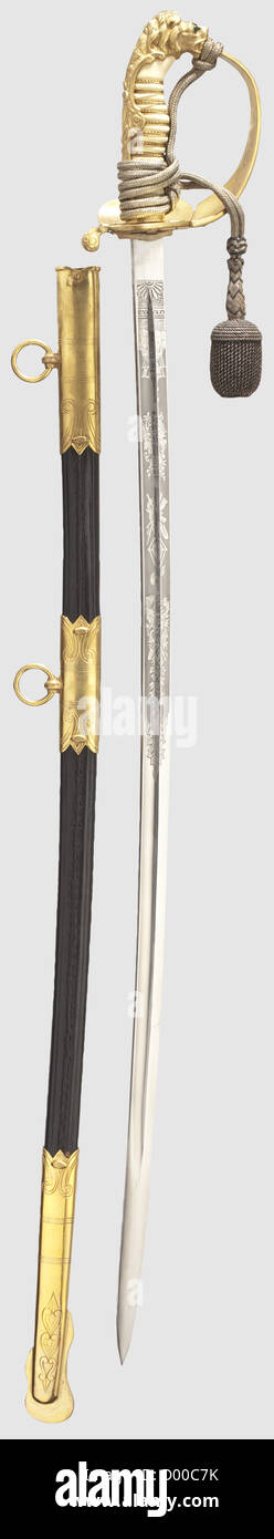 A lion's head sabre for naval officers,Maker W.K.C.Solingen Nickel-plated single-edged blade with a double-edged point and etched decoration,depicting ships,a fouled anchor or trophies amid vines.The maker's logo on the ricasso.Gold-plated lion's head hilt with inset red and green glass eyes as well as raised oak leaf decoration.Light-coloured grip with gilt wire winding.Folding shell-guards,the reverse side servind as a scabbard latch.Leather-covered scabbard with gilded mountings.Length 85 cm.Attached officer's portepee,historic,historical,1930,Additional-Rights-Clearences-Not Available Stock Photo