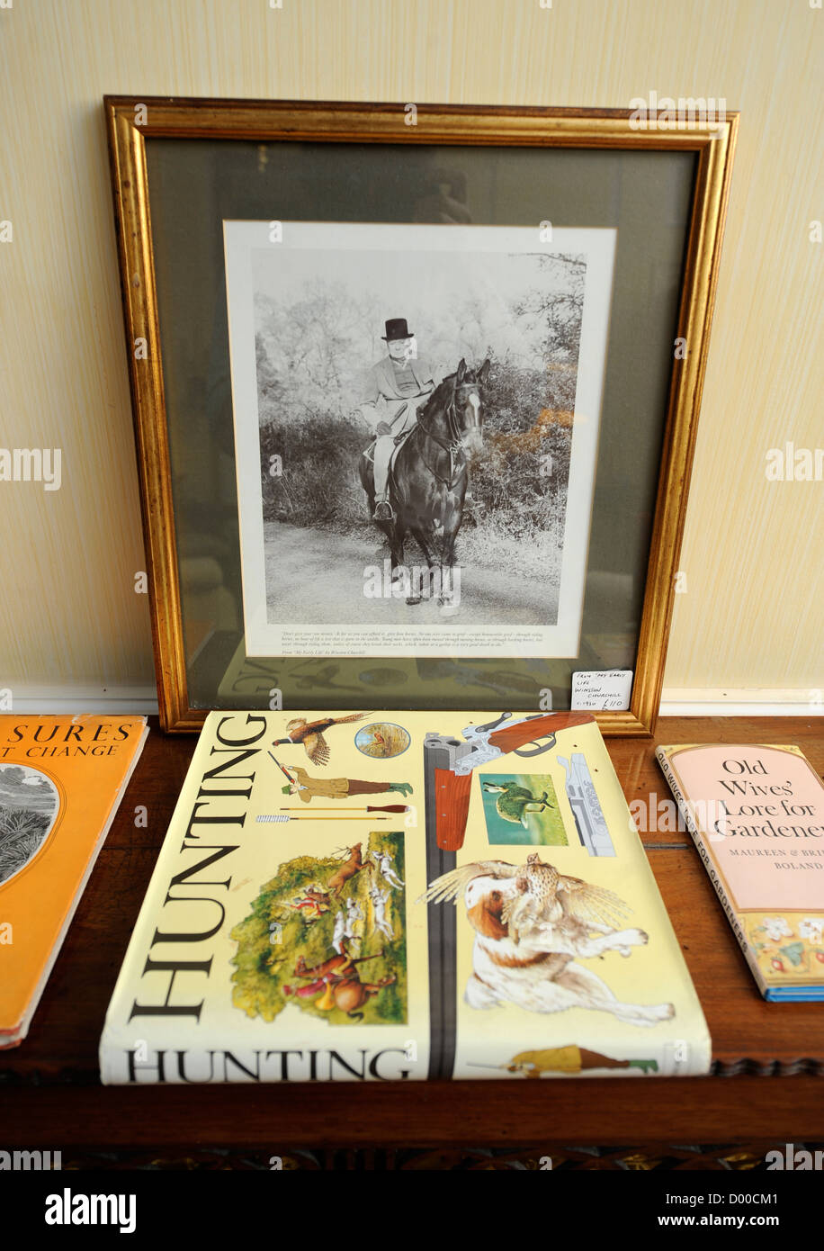 A book on hunting with a portrait of Winston Churchill on a horse at a country house UK Stock Photo