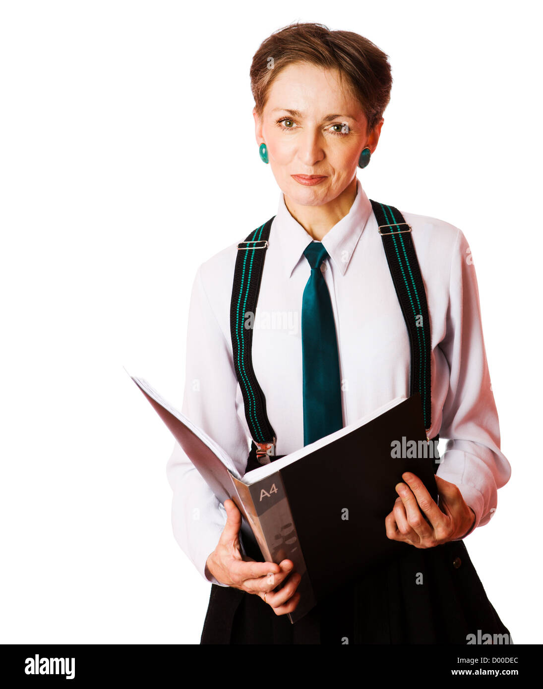 Portrait of Business woman holding folder isolated on white Stock Photo ...