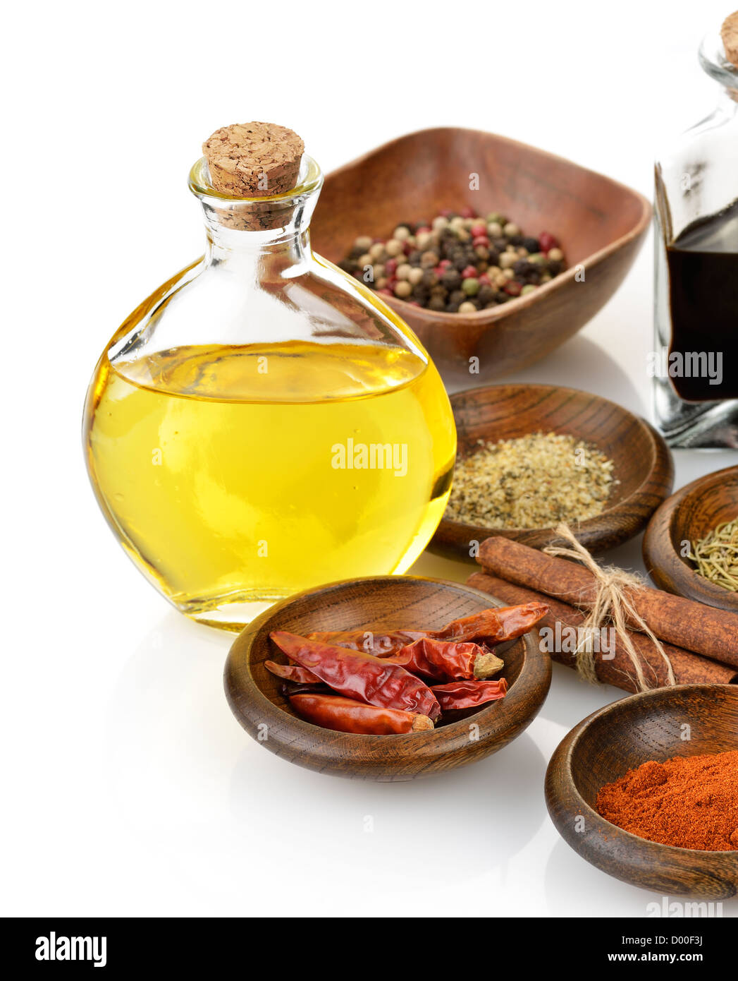 Olive Oil,Vinegar And Spices On White Background Stock Photo
