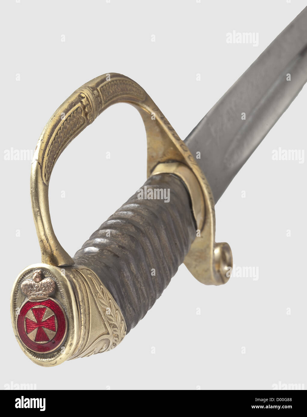 A model 1909 officer's shashqa with applied Order of Saint Anne,awarded for Bravery. Single-edged blade(shortened)with fullers on both sides and later nickel-plating. The ricasso bears the maker's mark 'F. Fichte,Solingen' . The Cyrillic inscription 'For Bravery' is engraved on both sides of the knuckle-bow. Brass hilt bearing the cipher 'N II' and applied enamelled Order of St. Anne. Replacement wooden grip and leather-covered wooden scabbard with brass mountings. Length 84 cm,historic,historical,1900s,20th century,thrusting,thrustings,blade,blades,Additional-Rights-Clearences-Not Available Stock Photo
