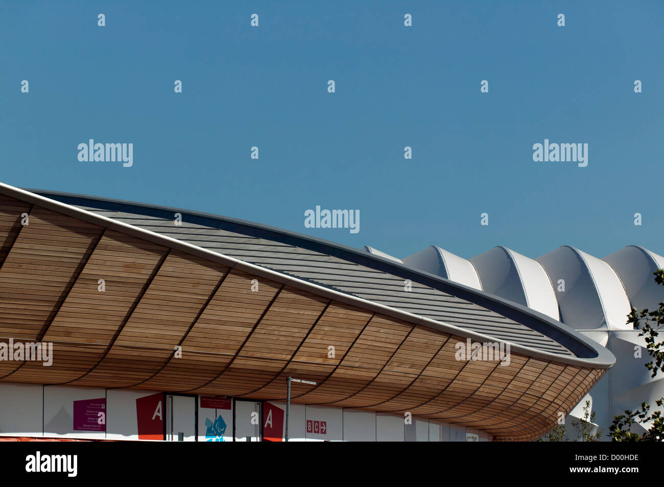 Close-up, telephoto view showing part of the Velodrome, at the Olympic Park, Stratford. Stock Photo