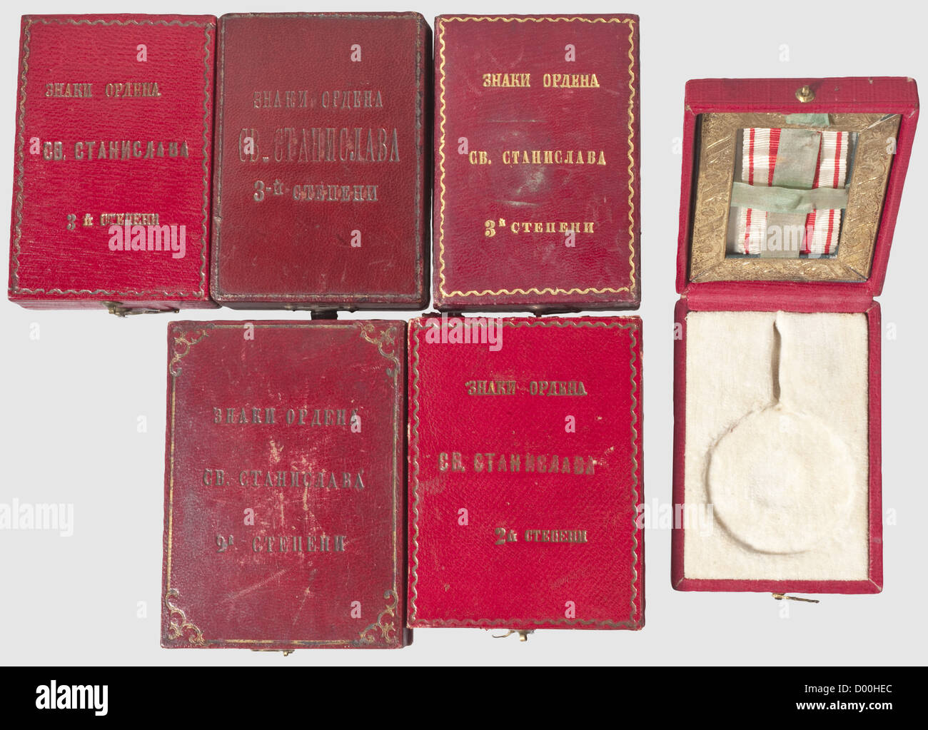 Six cases for the Order of St. Stanislaus, 2nd and 3rd Classes, Russia, between 1880 and 1910. Red-leather covers, cream coloured velvet and silk liners. Two cases come with ribbon sections. Gold-stamped Russian lettering on the lids. Dimensions from 83 x 57 mm to 91 x 67 mm. Small defects and signs of usage, historic, historical, 1910s, 20th century, 19th century, medal, decoration, medals, decorations, badge of honour, badge of honor, badges of honour, badges of honor, object, objects, stills, clipping, clippings, cut out, cut-out, cut-outs, Additional-Rights-Clearences-Not Available Stock Photo