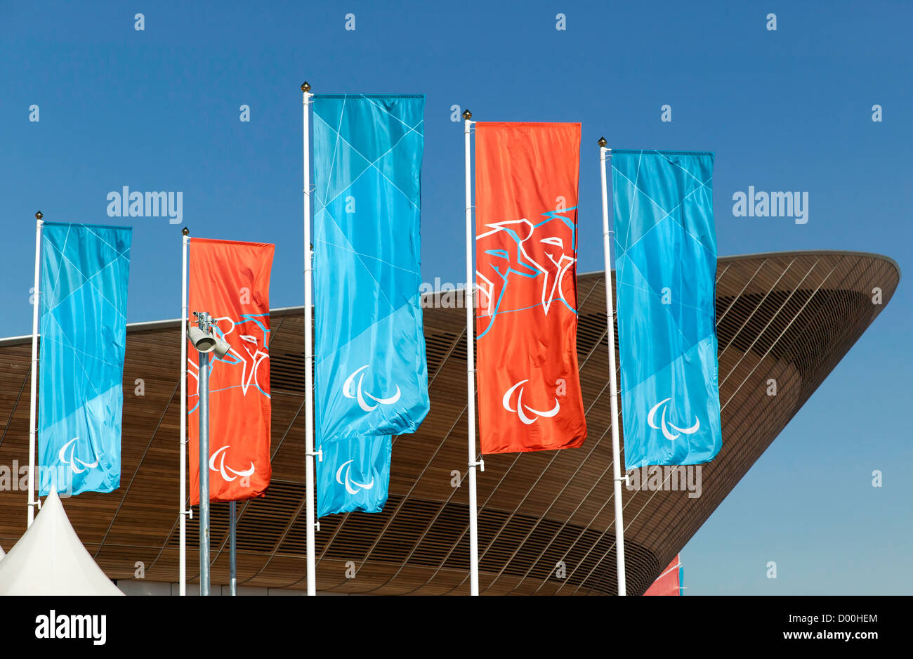 Close-up view of some Paralympic Flags flying outside the Velodrome, at the Olympic Park, Stratford. Stock Photo