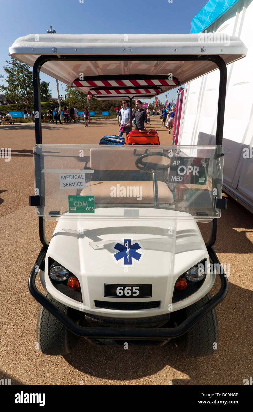 A medical services, electric buggy on duty outside one of the medical facilities in the Olympic Park, Stratford Stock Photo