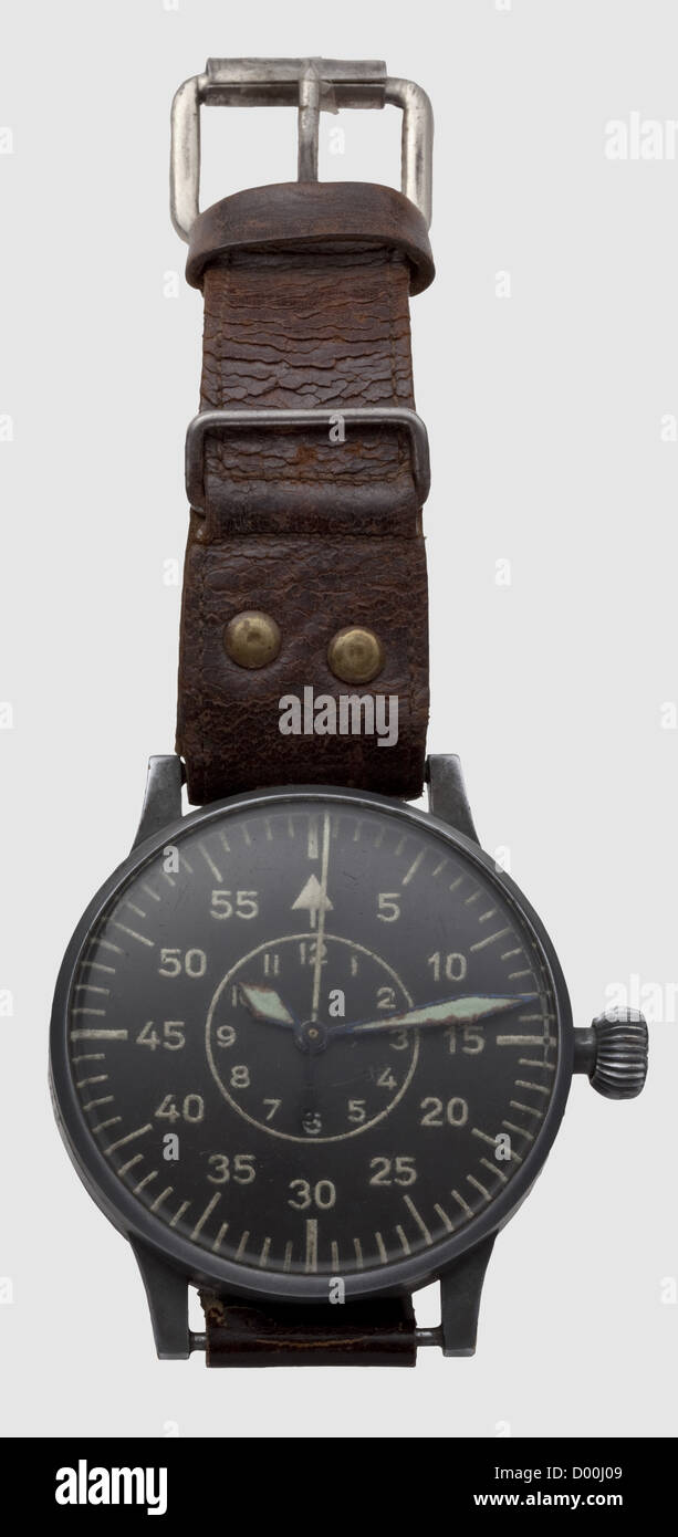 An observer's watch of the German Luftwaffe,mounted by Wempe Hamburg,Black clock face with circumference minute- and inner hour circles,luminous indices,blued hands with applied luminous material.Vestiges of grey paint on the housing,laterally marked 'Fl 23883',the cover with exterior stamping 'H5297' and interior 'Beobachtungsuhr - Bauart DUROWE - Gerät-Nr.127-560 Bl - Werk-Nr.H 5297 - Anforderz.Fl.23883 - Montage Wempe'.Gilt works Nr.'5297' calibre D5 Durowe(Deutsche Uhren-Rohwerke)by Laco with 22 jewels,Guillaume balance wheel and Breguet bal,Additional-Rights-Clearences-Not Available Stock Photo