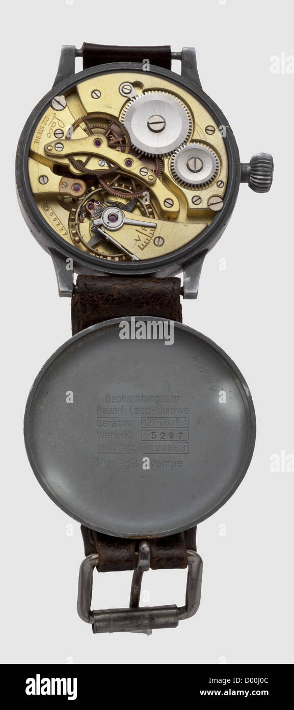 An observer's watch of the German Luftwaffe,mounted by Wempe Hamburg,Black clock face with circumference minute- and inner hour circles,luminous indices,blued hands with applied luminous material.Vestiges of grey paint on the housing,laterally marked 'Fl 23883',the cover with exterior stamping 'H5297' and interior 'Beobachtungsuhr - Bauart DUROWE - Gerät-Nr.127-560 Bl - Werk-Nr.H 5297 - Anforderz.Fl.23883 - Montage Wempe'.Gilt works Nr.'5297' calibre D5 Durowe(Deutsche Uhren-Rohwerke)by Laco with 22 jewels,Guillaume balance wheel and Breguet bal,Additional-Rights-Clearences-Not Available Stock Photo