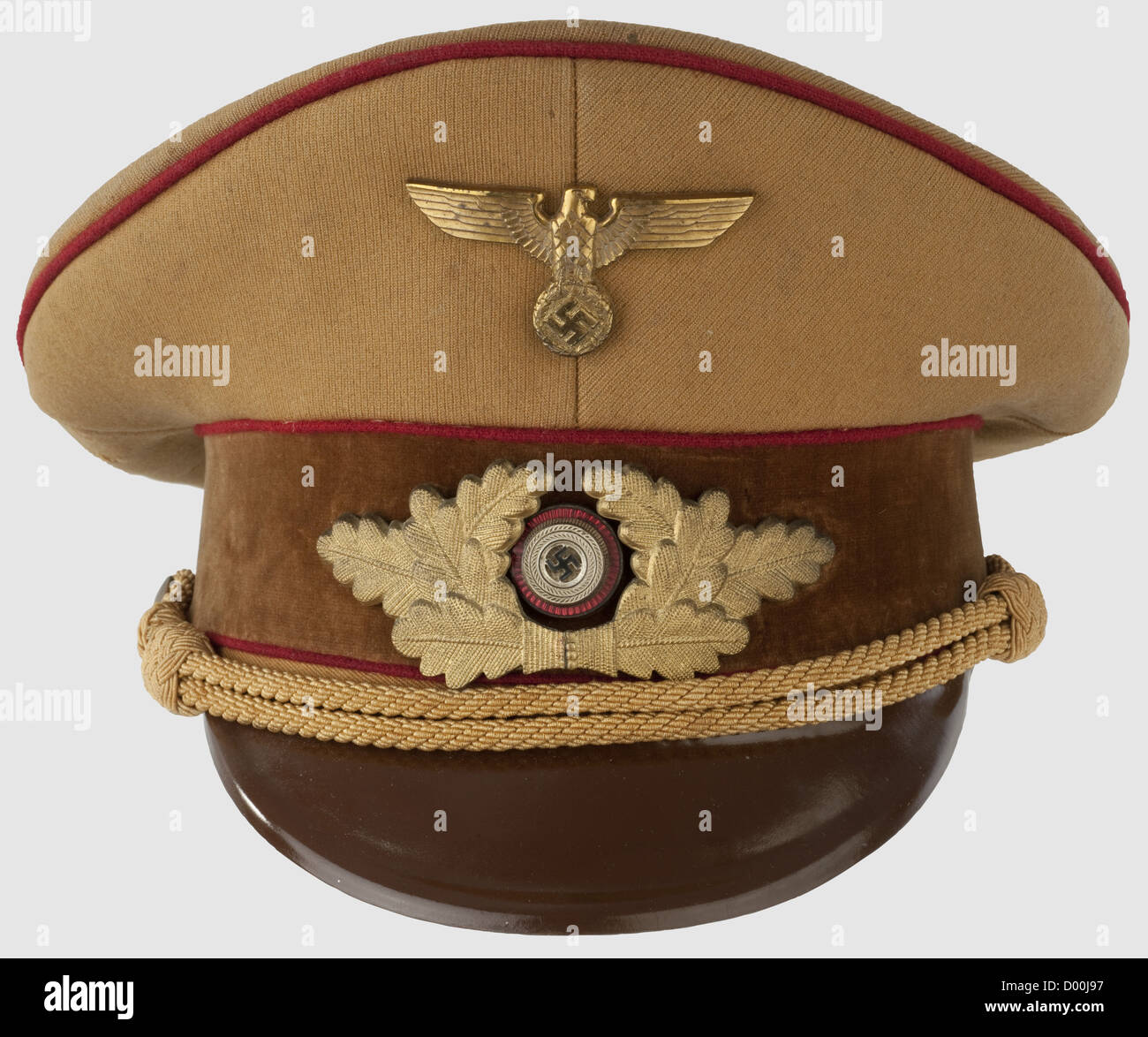 A visor cap for political leaders,of a Gauleitung. Made from brown gabardine with brown velvet cap band(flawed)and dark red piping. Gilt metal insignia with celleon chin cord. Creme-coloured silk lining(shows wear and spotting). Damaged maker's label and sweat band of ersatz material. RZM label to inside of sweat band. Some repaired moth holes,historic,historical,1930s,1930s,20th century,party organisation,party organization,organisations,organizations,organization,organisation,party,parties,political party,German,Germany,NS,National Socia,Additional-Rights-Clearences-Not Available Stock Photo