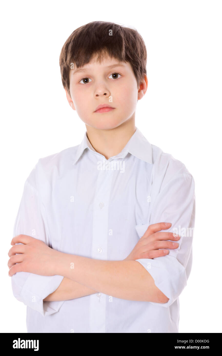 little serious boy portrait isolated on white Stock Photo