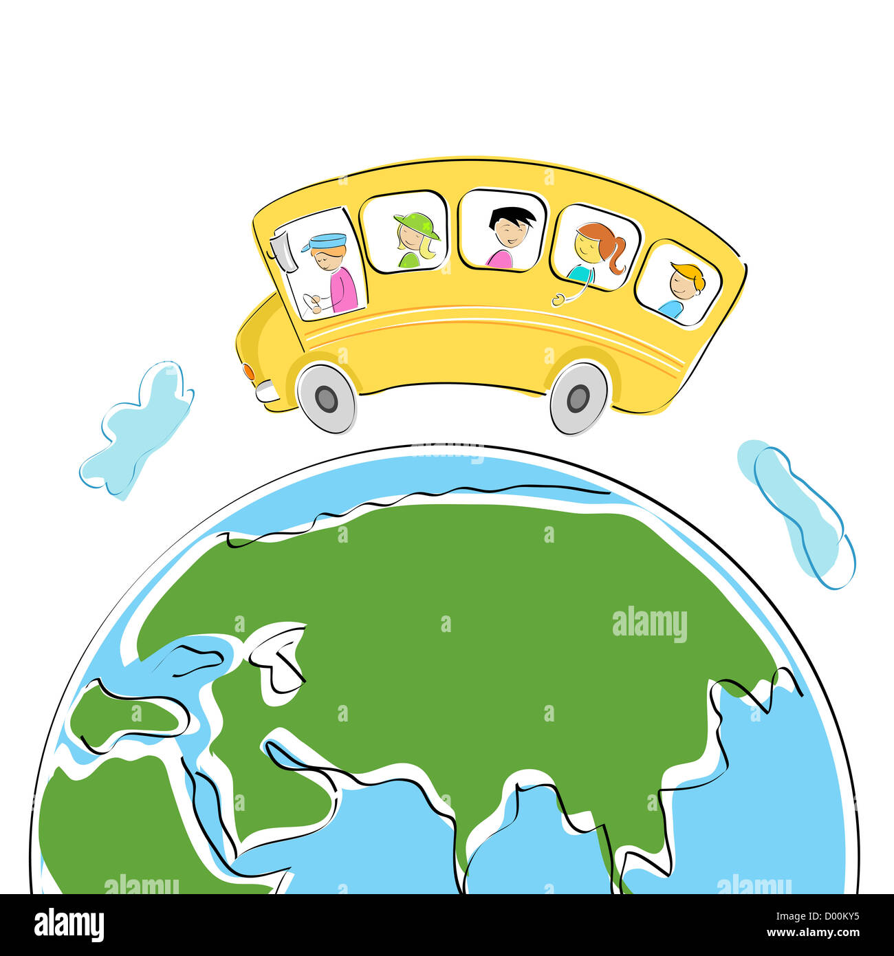 illustration of students in school bus on world tour Stock Photo