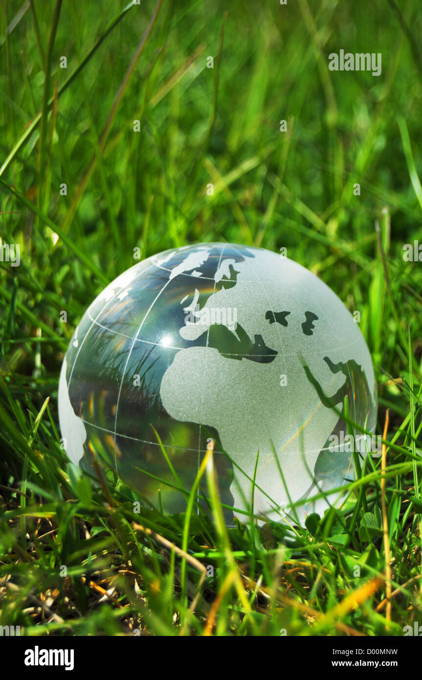 eco ecology or environmental concept with green grass globe and ...