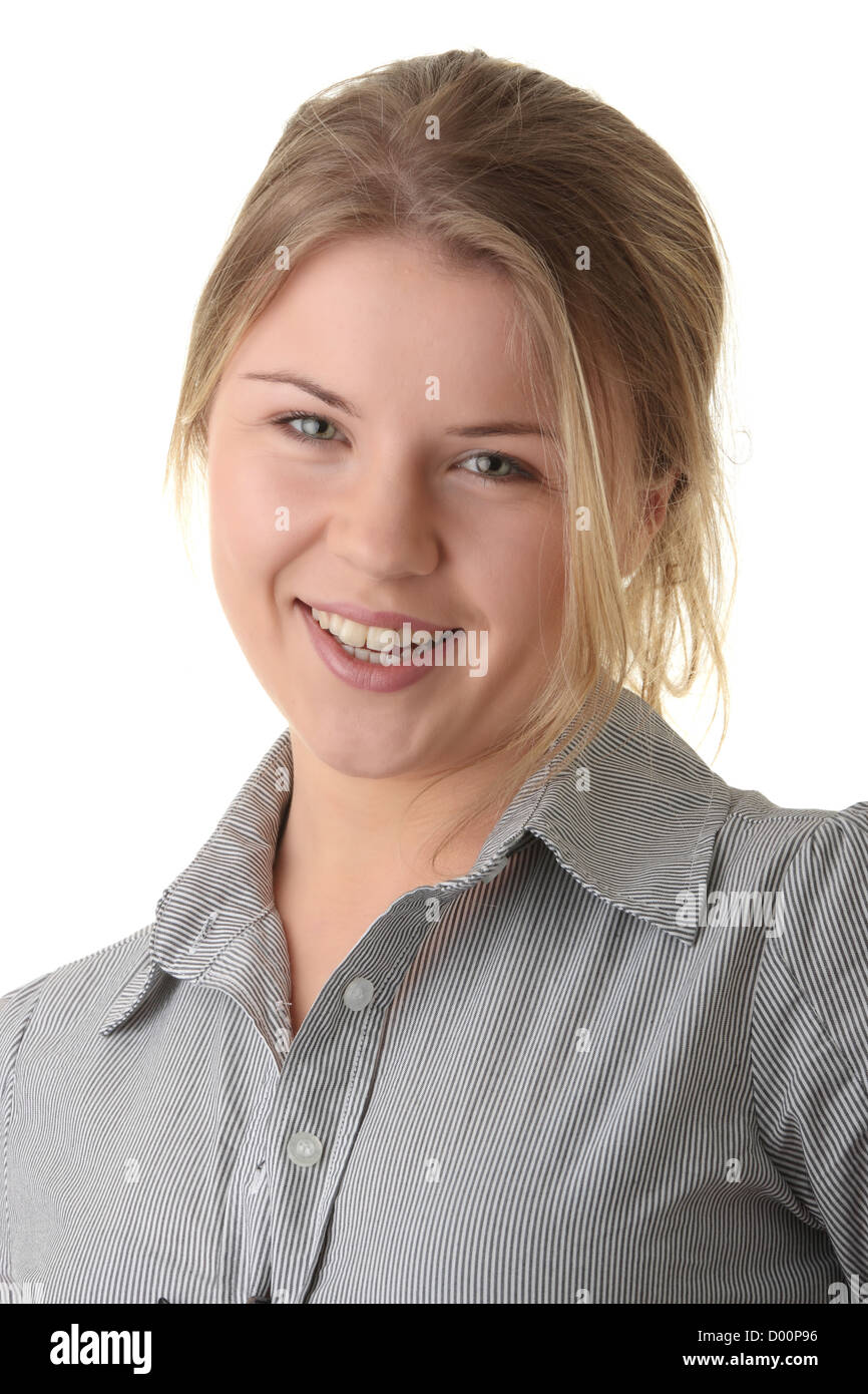 Closeup portrait of a happy young woman isolated on white background ...