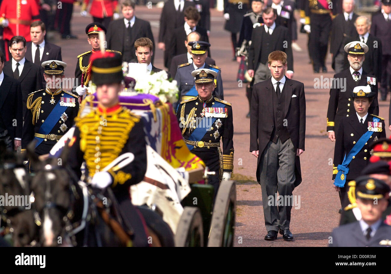 Queen Mothers funeral showing Prince William and Harry, Prince Charles, Prince Phillip and Princess Anne, London, UK Stock Photo