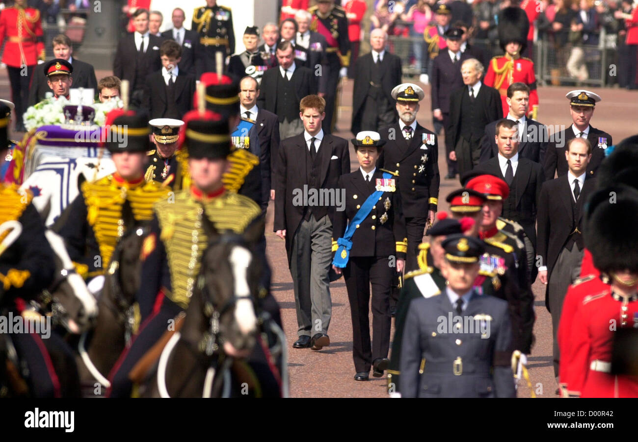 Queen Mothers funeral showing Prince Harry, Princess Anne, Prince Edward, London, UK Stock Photo