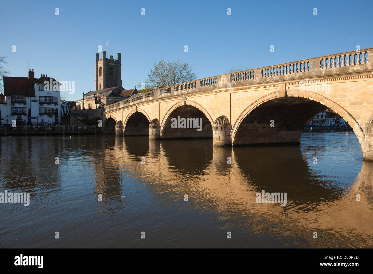 Henley Bridge crossing the River Thames, Church of St Mary in background, Henley on Thames, Oxfordshire, England, United Kingdom Stock Photo