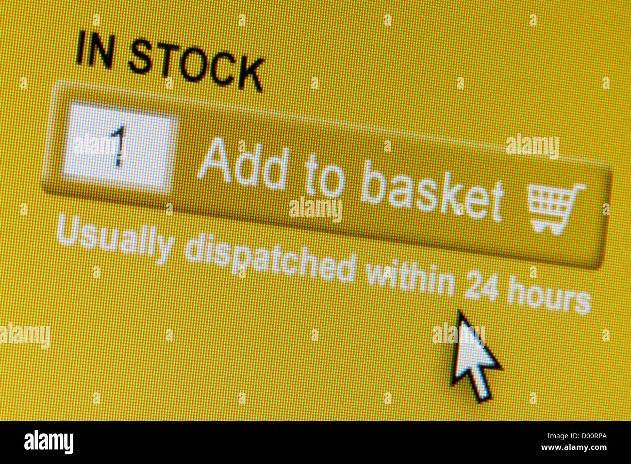 Close up of a fictional website inviting users to add an item to the shopping basket cart. Stock Photo