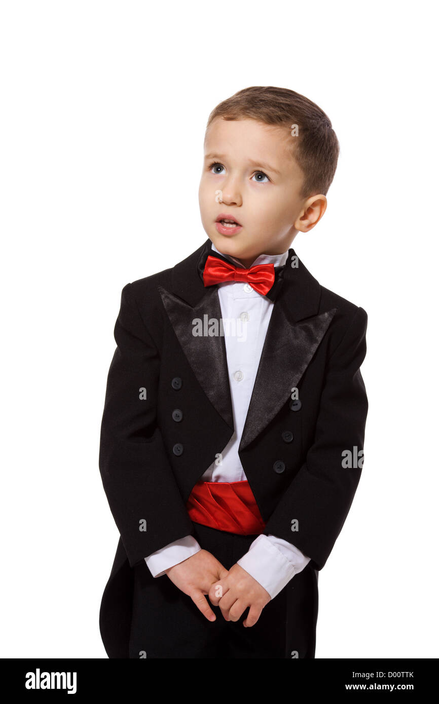 Little Boy wearing tuxedo portrait isolated on white Stock Photo Alamy