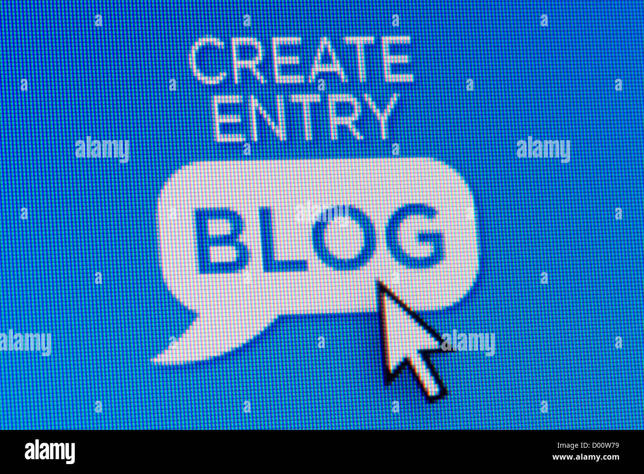 Close up of a fictional website featuring an button which invites users to create a blog entry. Stock Photo