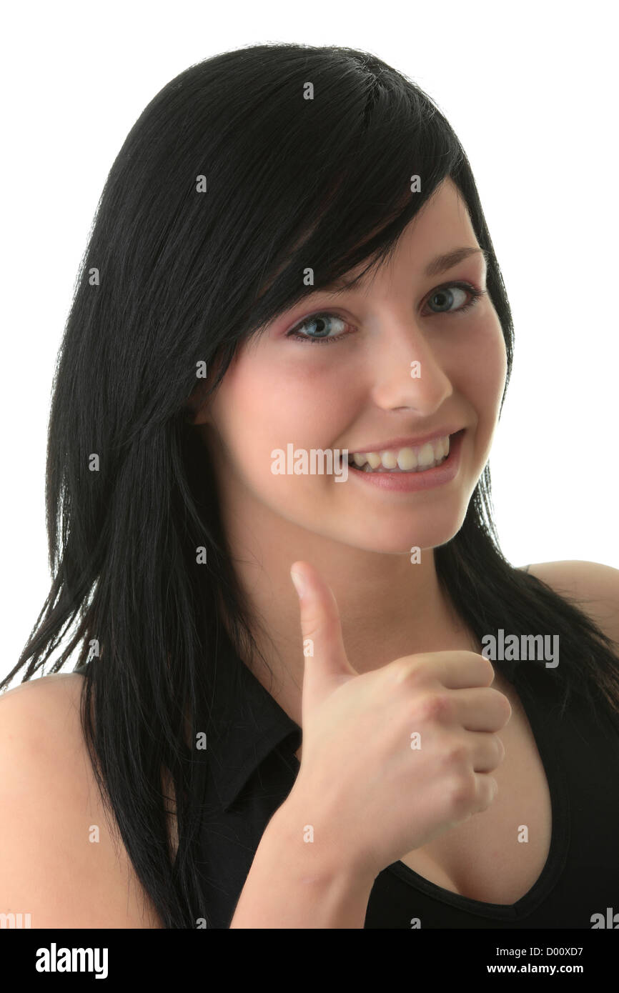 Portrait of attractive young woman showing a thumbs up on white ...