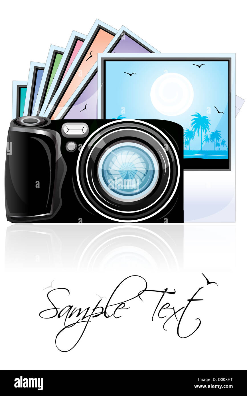 illustration of camera with photographs on white background Stock Photo ...