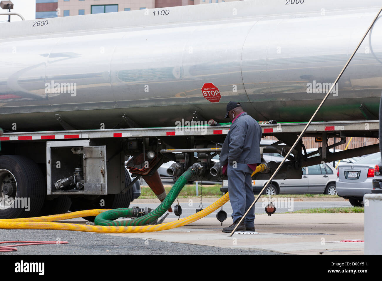 Fuel tank truck filling at gas station - USA Stock Photo