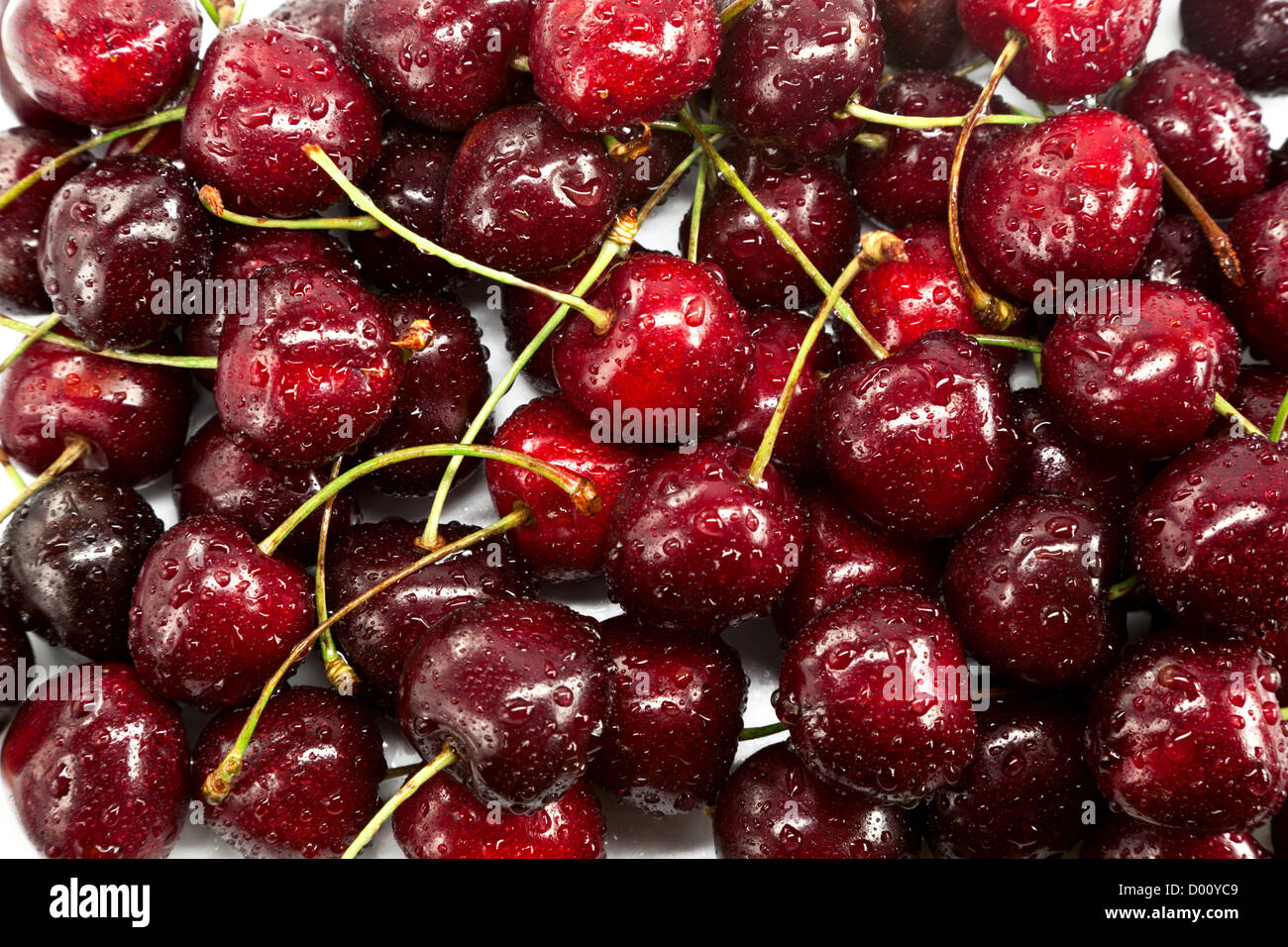 Ripe red cherries covered with water droplets Stock Photo
