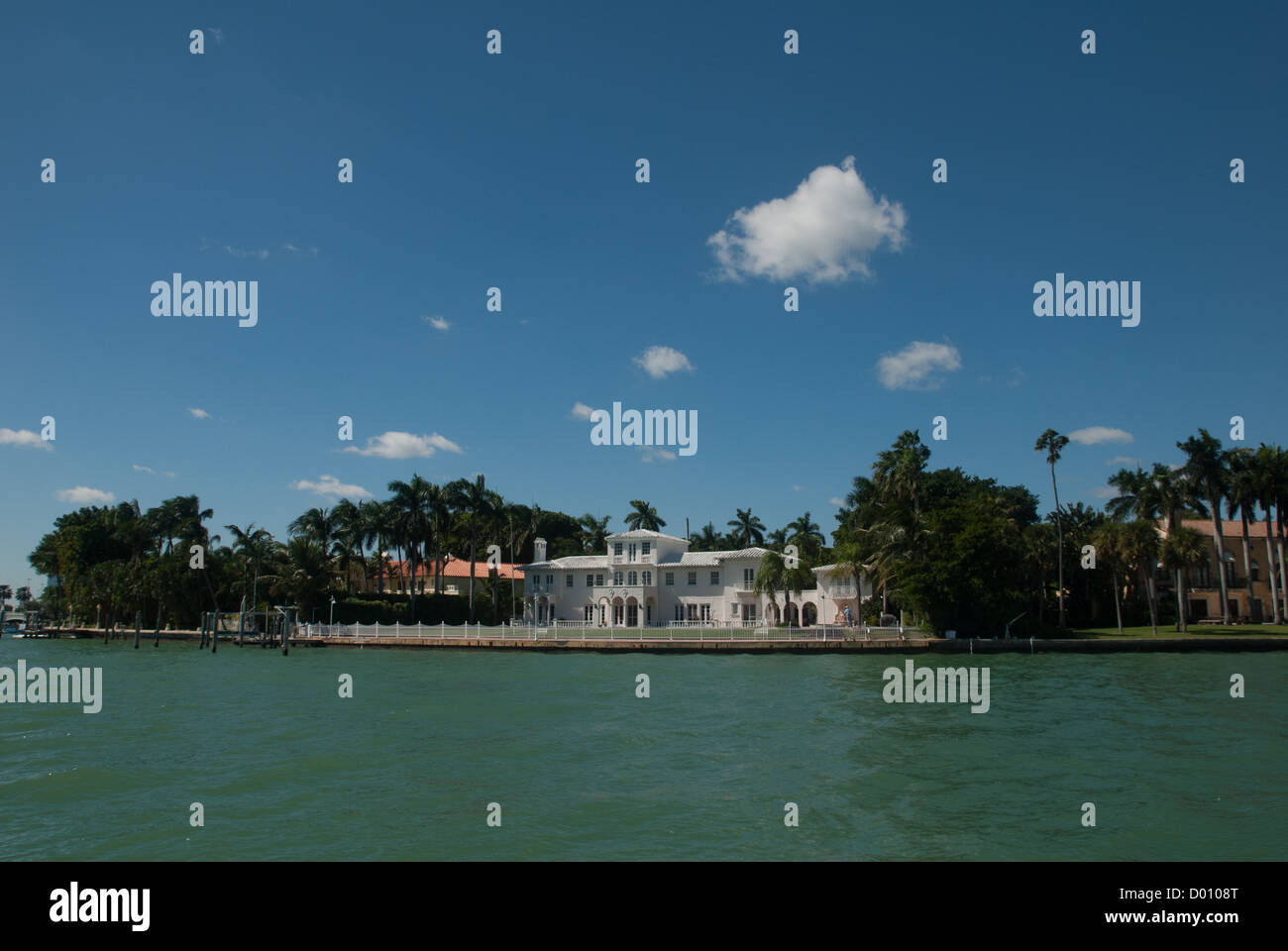 Large private residence on Star Island as seen from Biscayne Bay Stock Photo