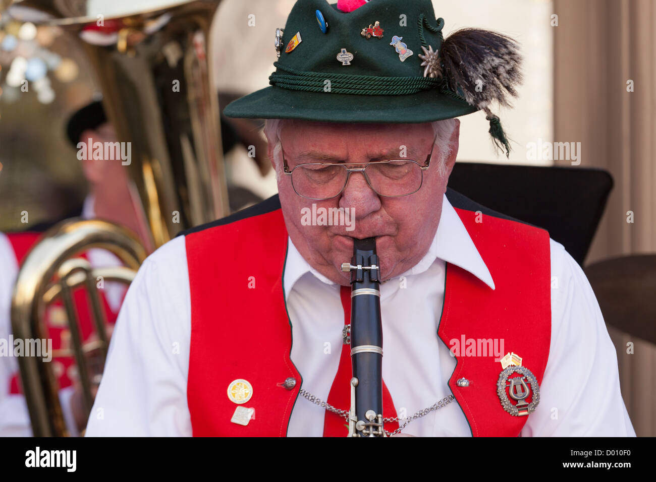 Traditional German music band performing outdoors Stock Photo