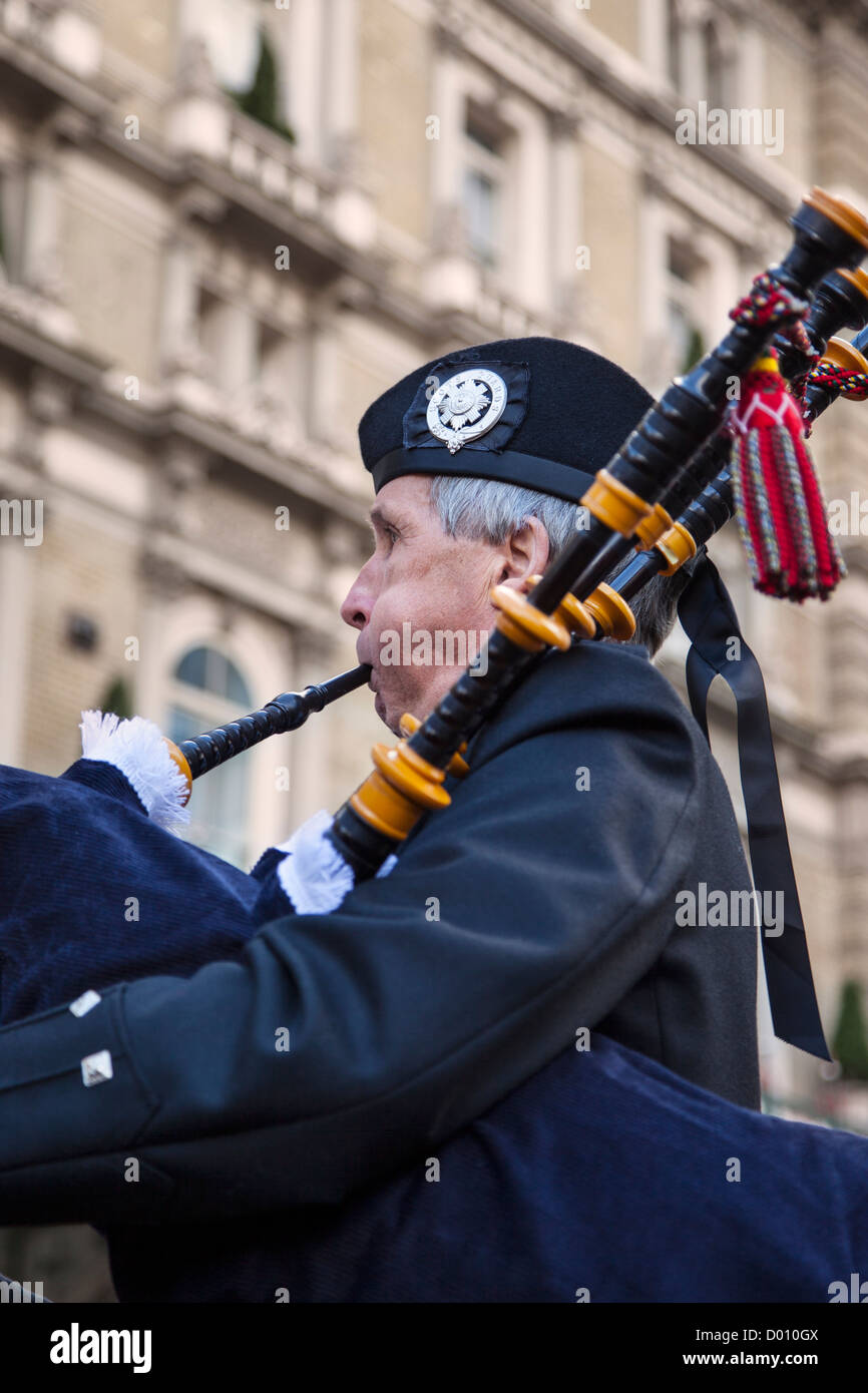 Member of a Scottish Highlands Bagpipes band, London England, UK Stock Photo