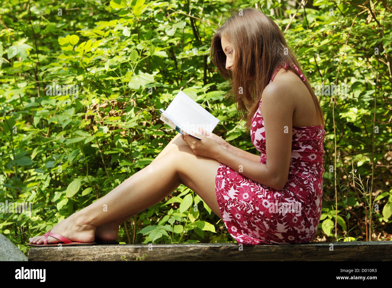 Reading woman sitting in a park bench in summer Stock Photo - Alamy