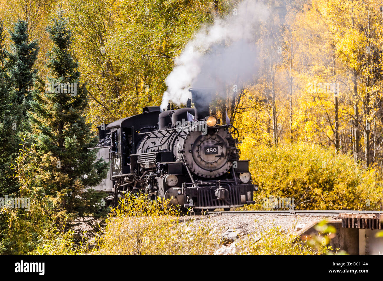 1925 2-8-2 Mikado type Baldwin Steam Locomotive pulling historic mixed consist train at Twin Bridges on the D&SNG Railroad in Colorado. Stock Photo