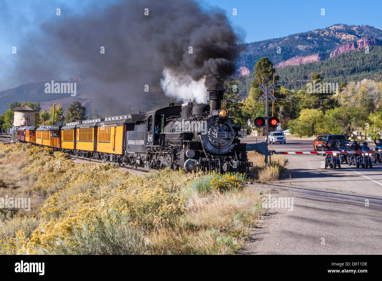 1925 Baldwin Steam Locomotive, 2-8-2 configuration, Mikado type, crossing US 550 at Hermosa, Colorado, on the D&SNG Railroad. Stock Photo